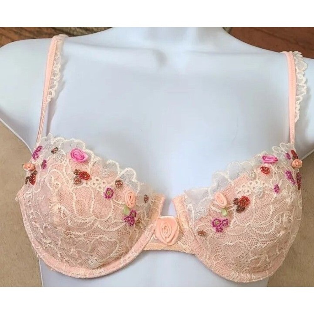 Victorias Secret Bra Embroidered Mesh Rose bead Trim Womens 36b
